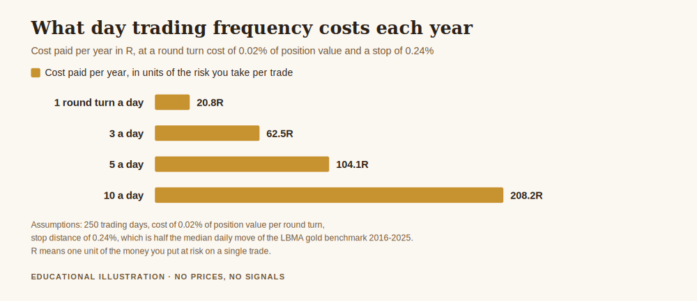 How to stop losing money day trading, chart of the annual cost in R at one, three, five and ten round turns a day
