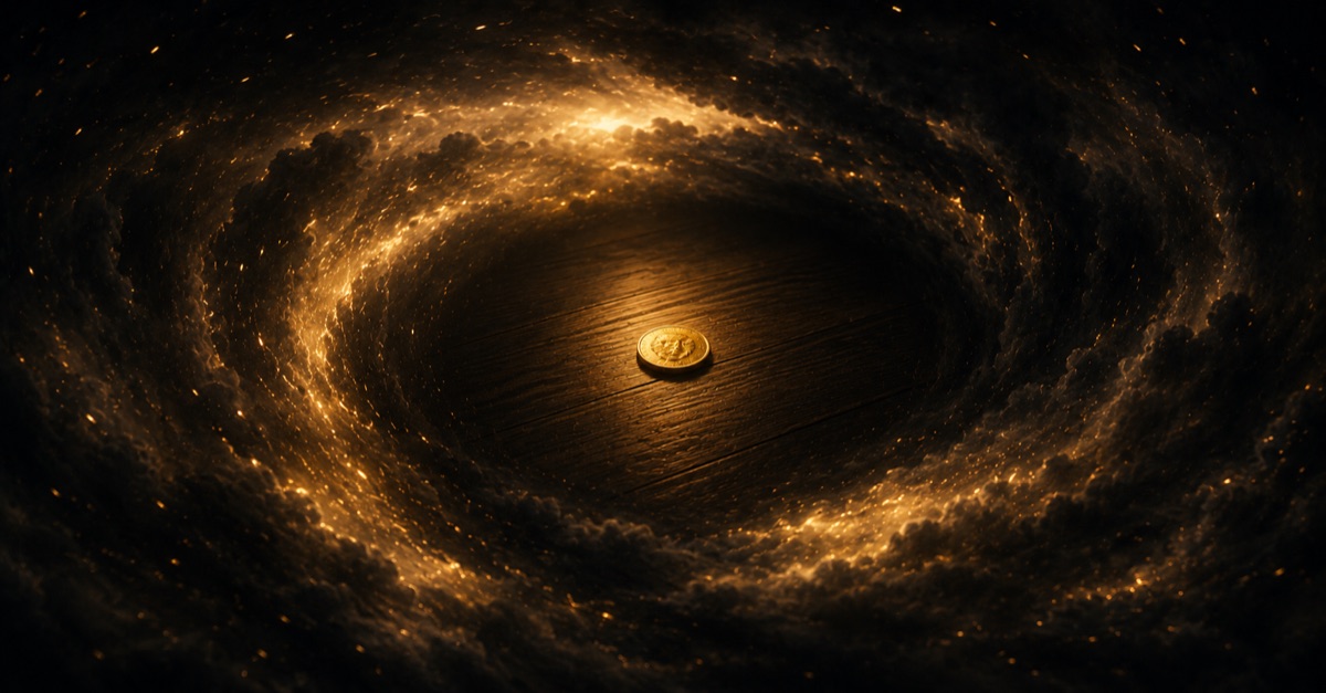 The eye of a storm with a single gold coin resting calmly at the still center