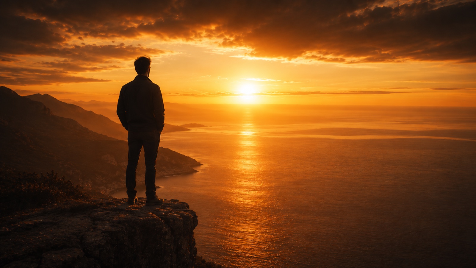 A calm trader standing on a cliff looking over a golden sunrise and open sea, the abundance of opportunities still ahead