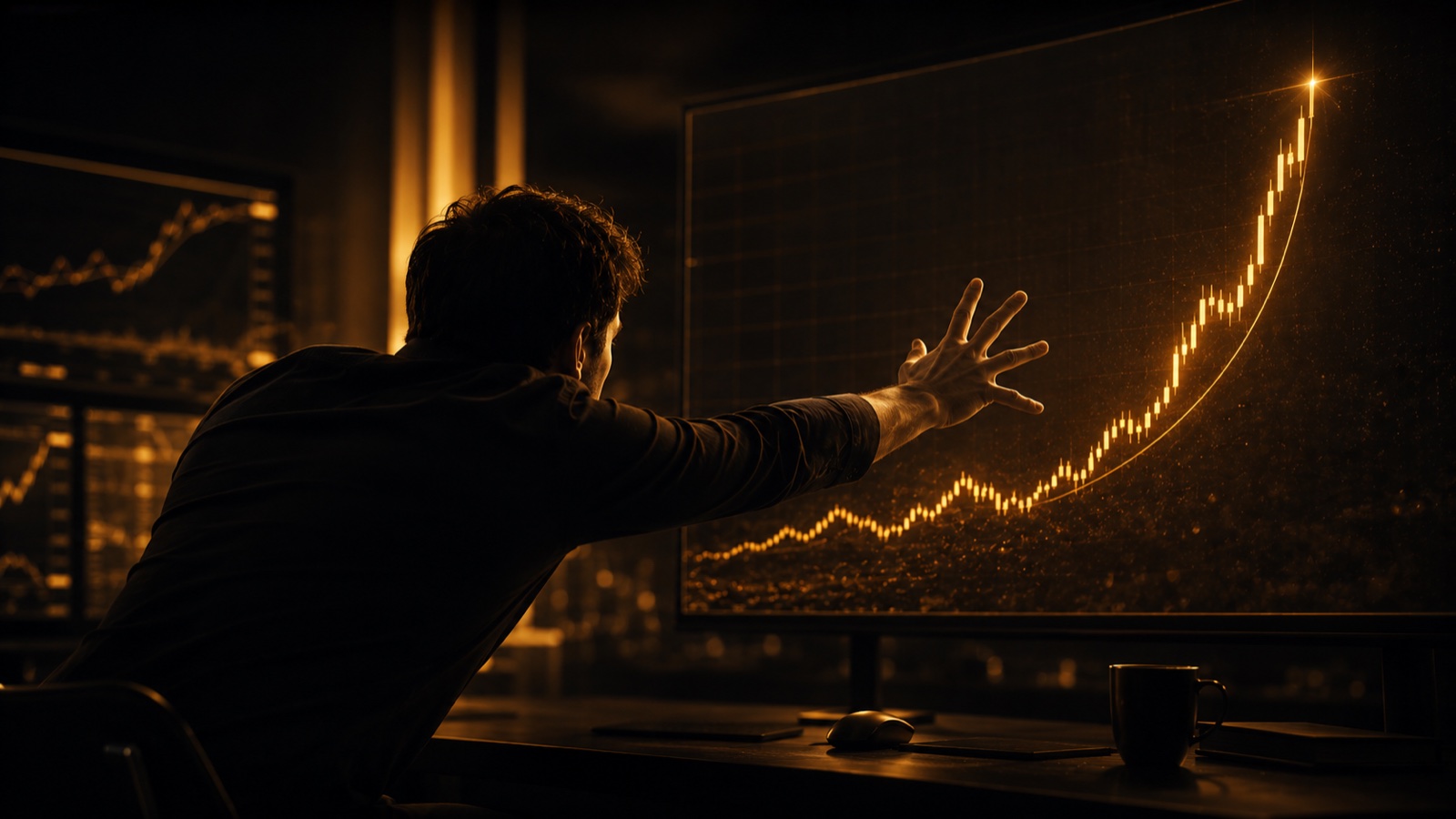 A trader reaching out toward a golden gold-price candle spiking upward and running away, the pull of chasing a missed move