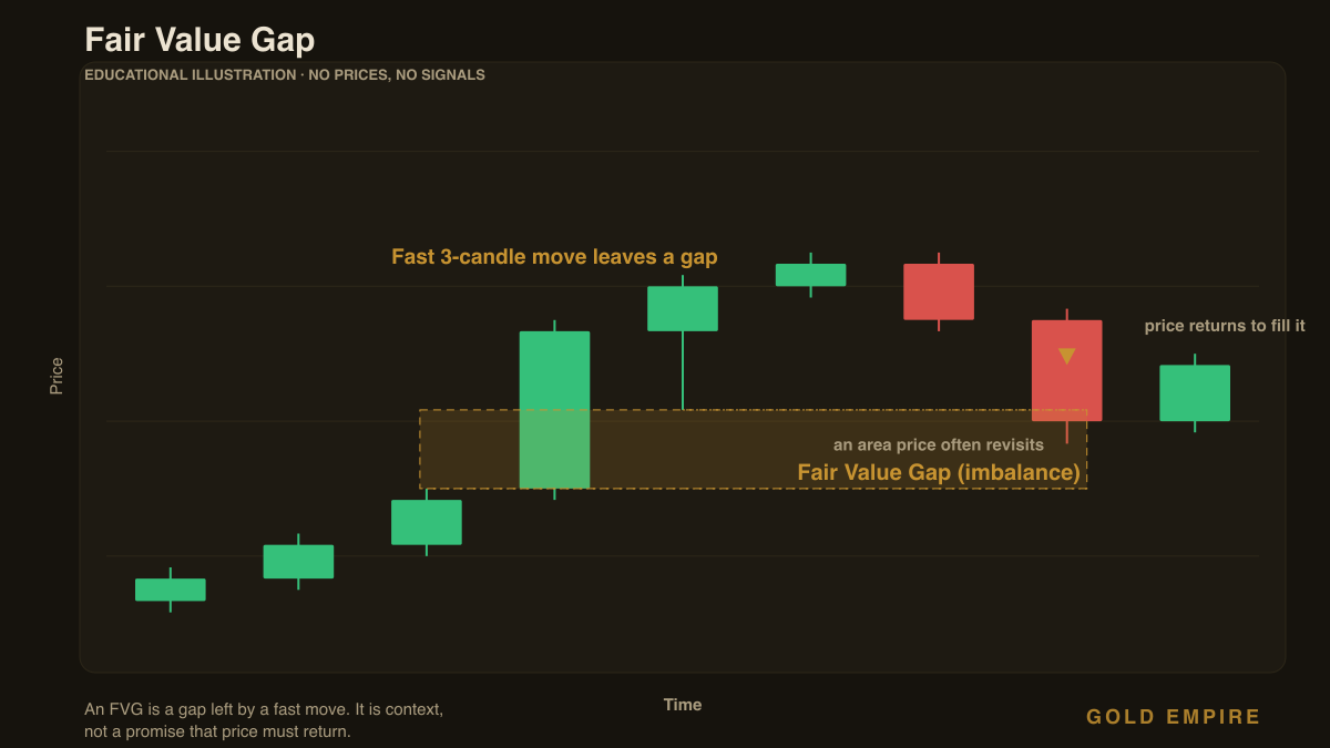 Gold chart diagram of a fair value gap in gold trading: a fast three-candle move leaves an imbalance that price later returns to fill