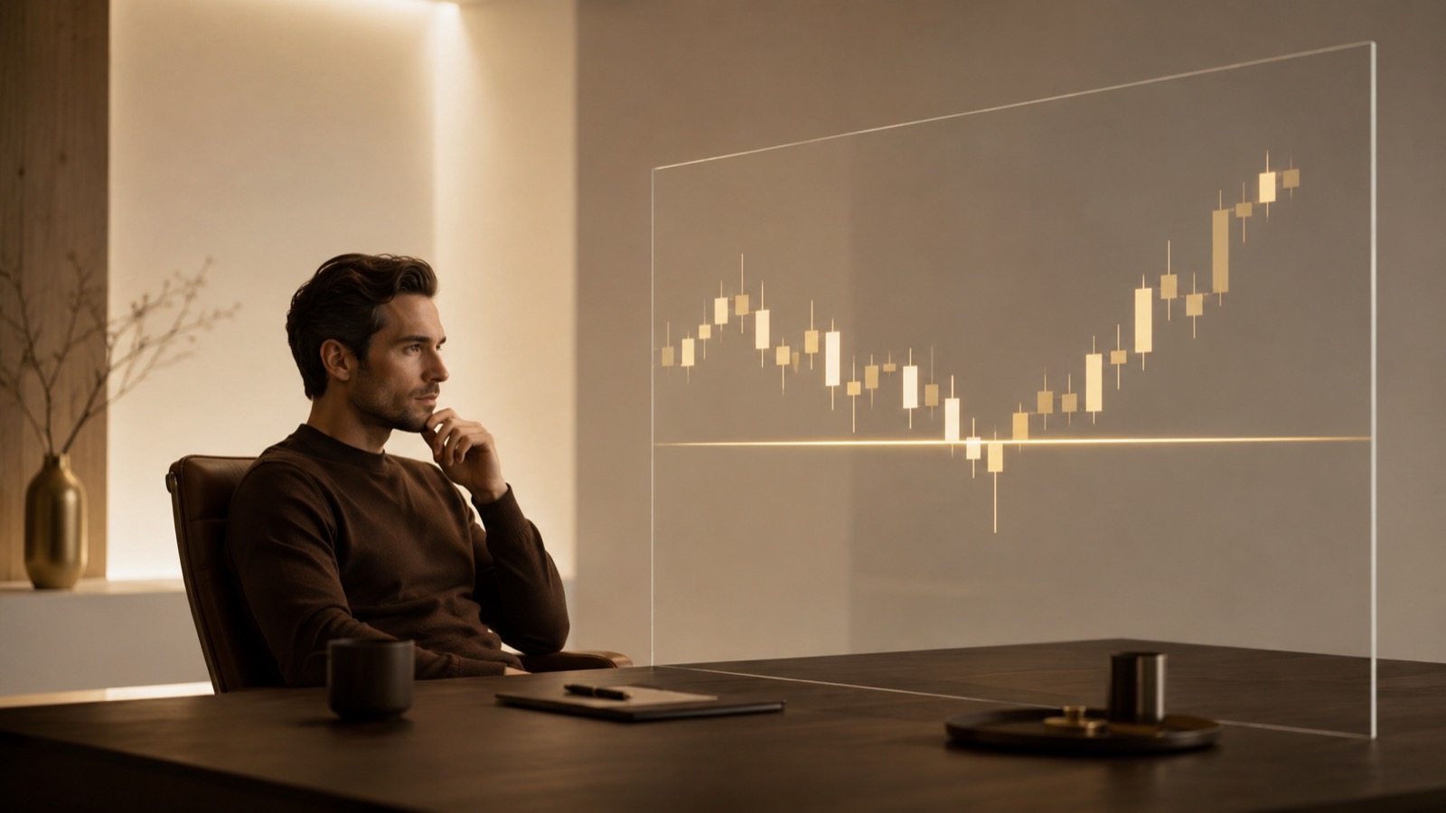 A calm gold trader watching a candlestick chart dip below a level then reverse, a liquidity sweep