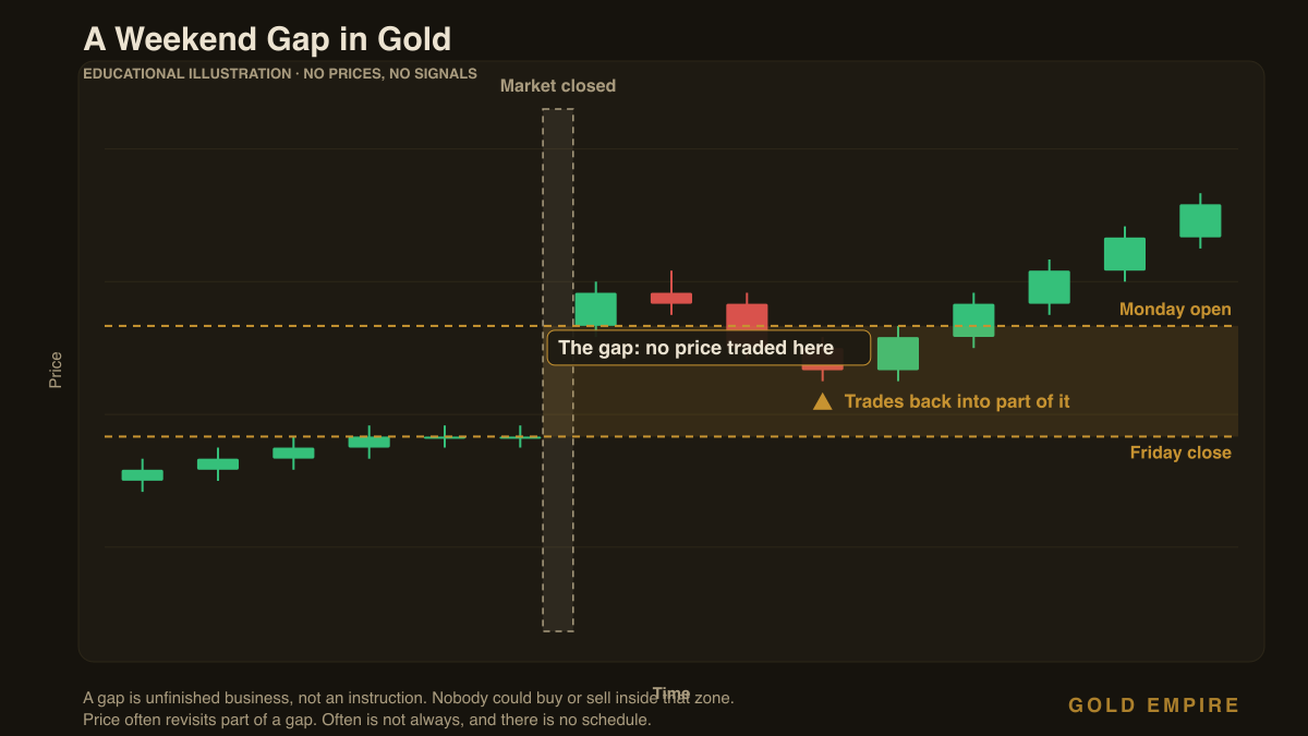 Chart showing a weekend gap in gold trading between Friday close and Monday open
