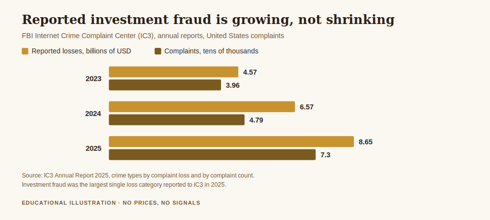Chart of reported investment fraud losses and complaint counts behind the question are forex signal groups legit
