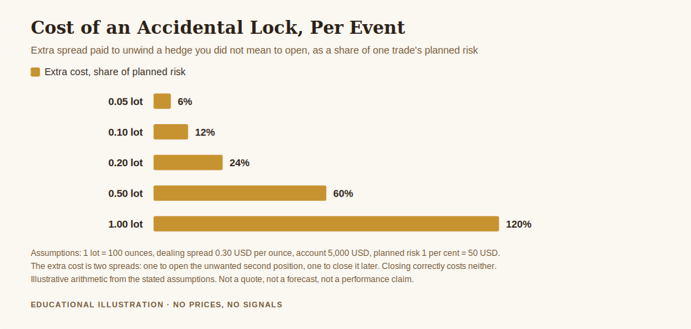 Chart of what an accidental lock costs when learning how to sell gold on MetaTrader 5, by position size