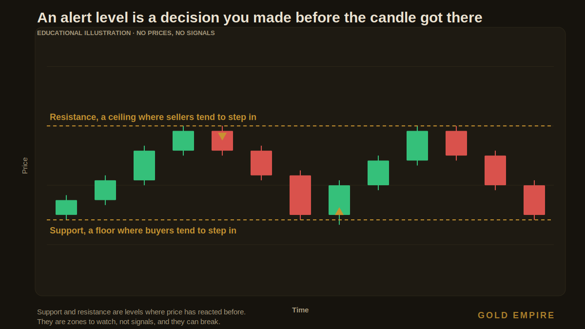 Candle illustration of the support and resistance levels where you would set price alerts on mt5