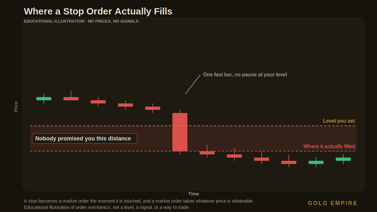 Chart showing what happens if a market order is not filled at your level: a stop converts to a market order and fills below the level set
