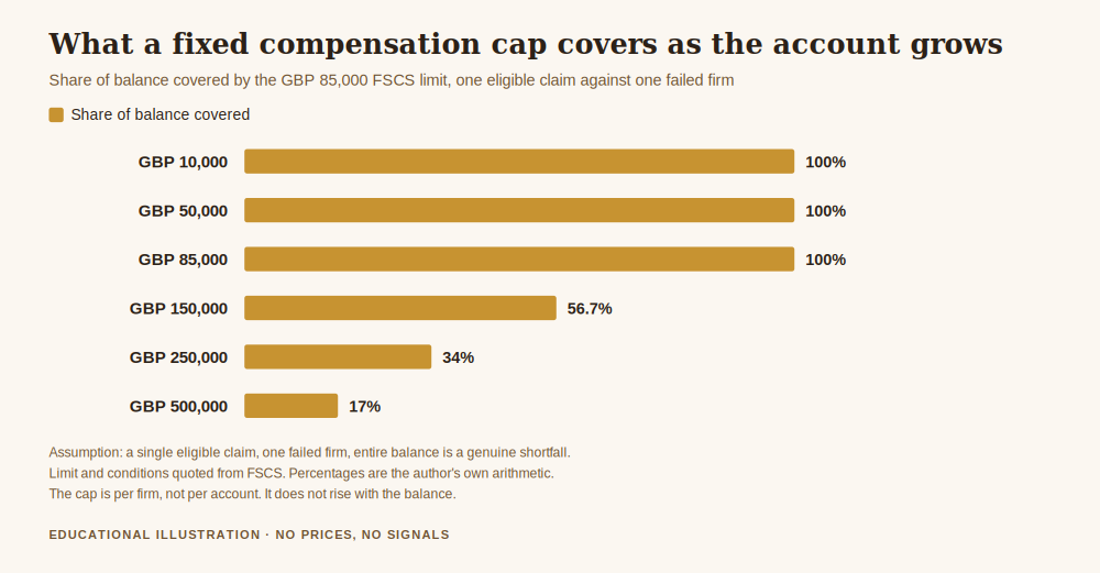 What happens if your forex broker goes bust, chart showing the share of an account balance covered by an 85,000 pound compensation cap at six account sizes