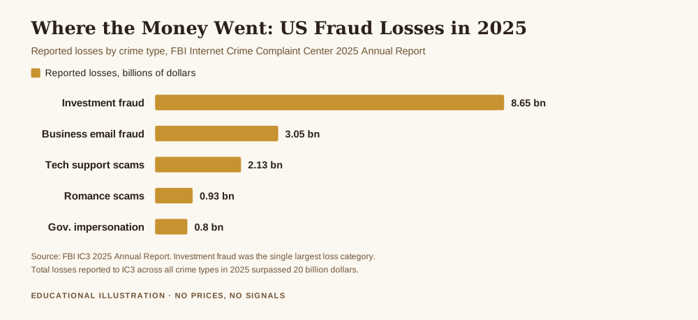 How do i complain about a broker, chart of reported US fraud losses in 2025 from the FBI IC3 annual report showing investment fraud at 8.65 billion dollars, ahead of business email fraud at 3.05 billion, tech support scams at 2.13 billion, romance scams at 0.93 billion and government impersonation at 0.80 billion