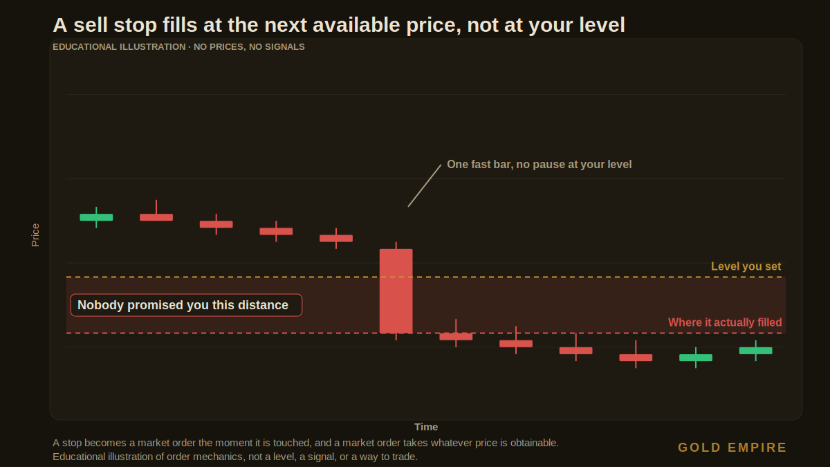 What is buy limit sell limit buy stop sell stop, candlestick diagram showing a protective sell stop level and a gap that opens below it, so the fill lands further away than the level requested