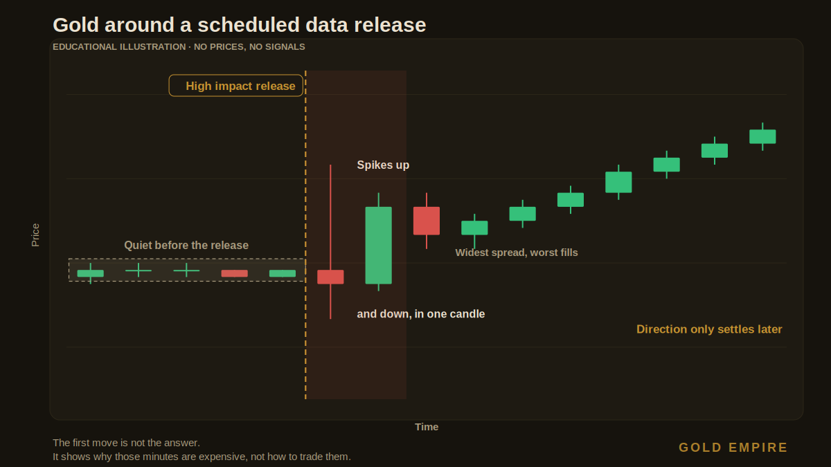 What is CPI in gold trading, candlestick diagram of gold around a scheduled data release showing a quiet range before the print, a single candle spiking up and down, the widest spread immediately after, and direction only settling later