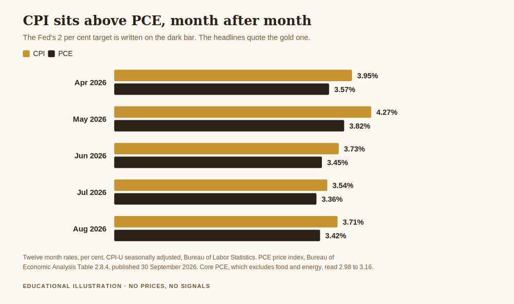 What is PCE in gold trading, grouped bar chart of twelve month inflation for five months of 2026 comparing CPI against the PCE price index, with the CPI bar longer than the PCE bar in every month